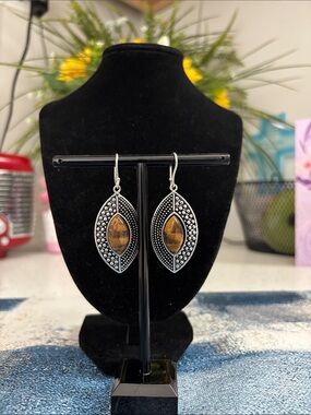 Sterling Silver Tiger's Eye Gemstone Drop Dangle Earrings